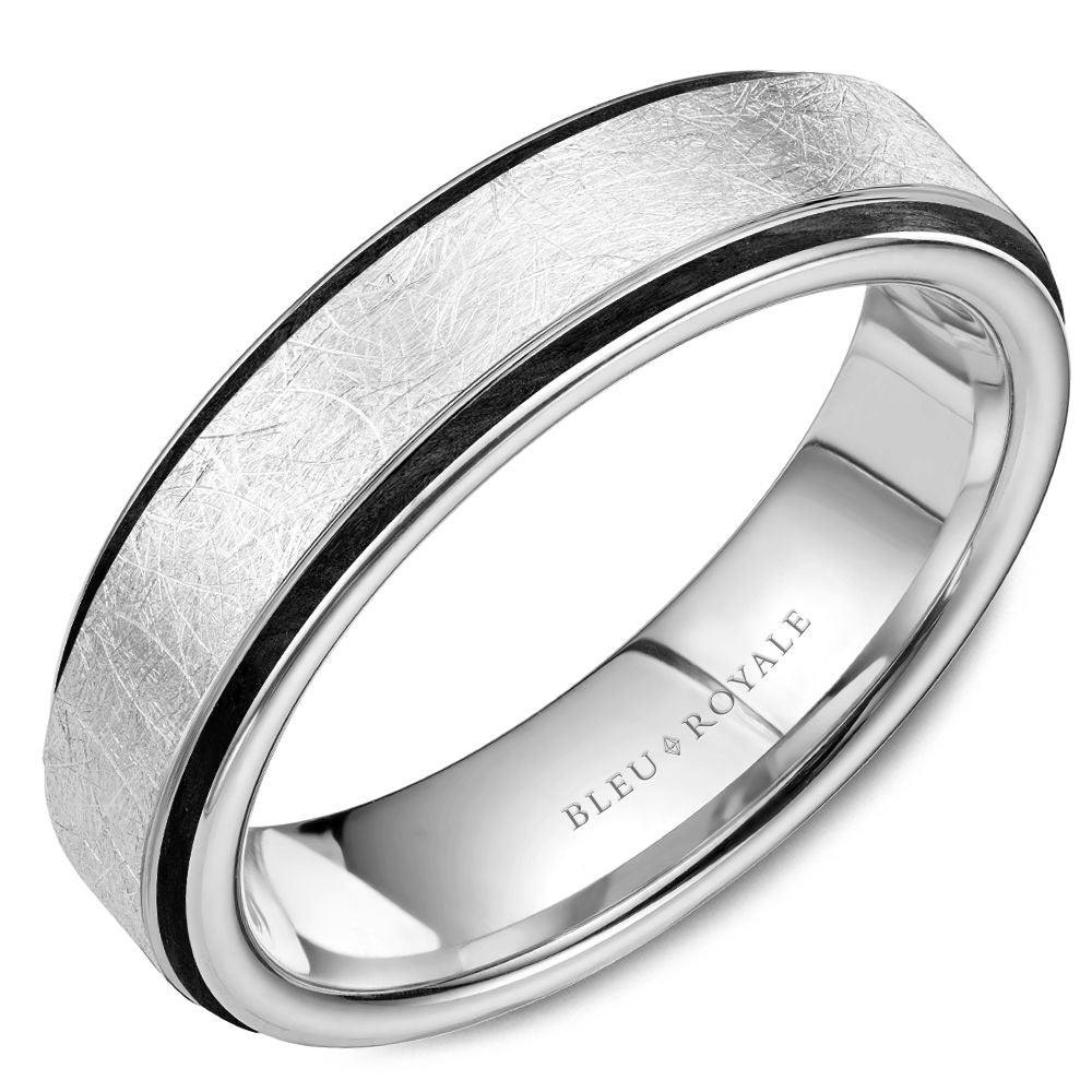 Bleu Royale Men's Wedding Band - 14K White Gold with Diamond-Brushed Top and Darkened Edge Grooves - 6mm Width from the Distinct Collection