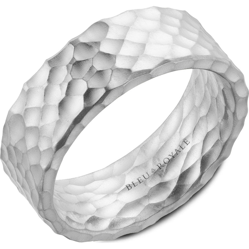Bleu Royale Men's Wedding Band - 14K White Gold with Diamond Cut Hammered and Frosted Finish - 8mm Width from the Distinct Collection