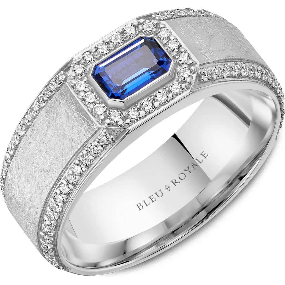 Bleu Royale Men's Wedding Band - 14K White Gold with Emerald Cut Blue Sapphire and Round Diamond Halo- 0.75 Carat Sapphire, 0.57 Carat Diamonds - 8mm Width from the Diamond Collection