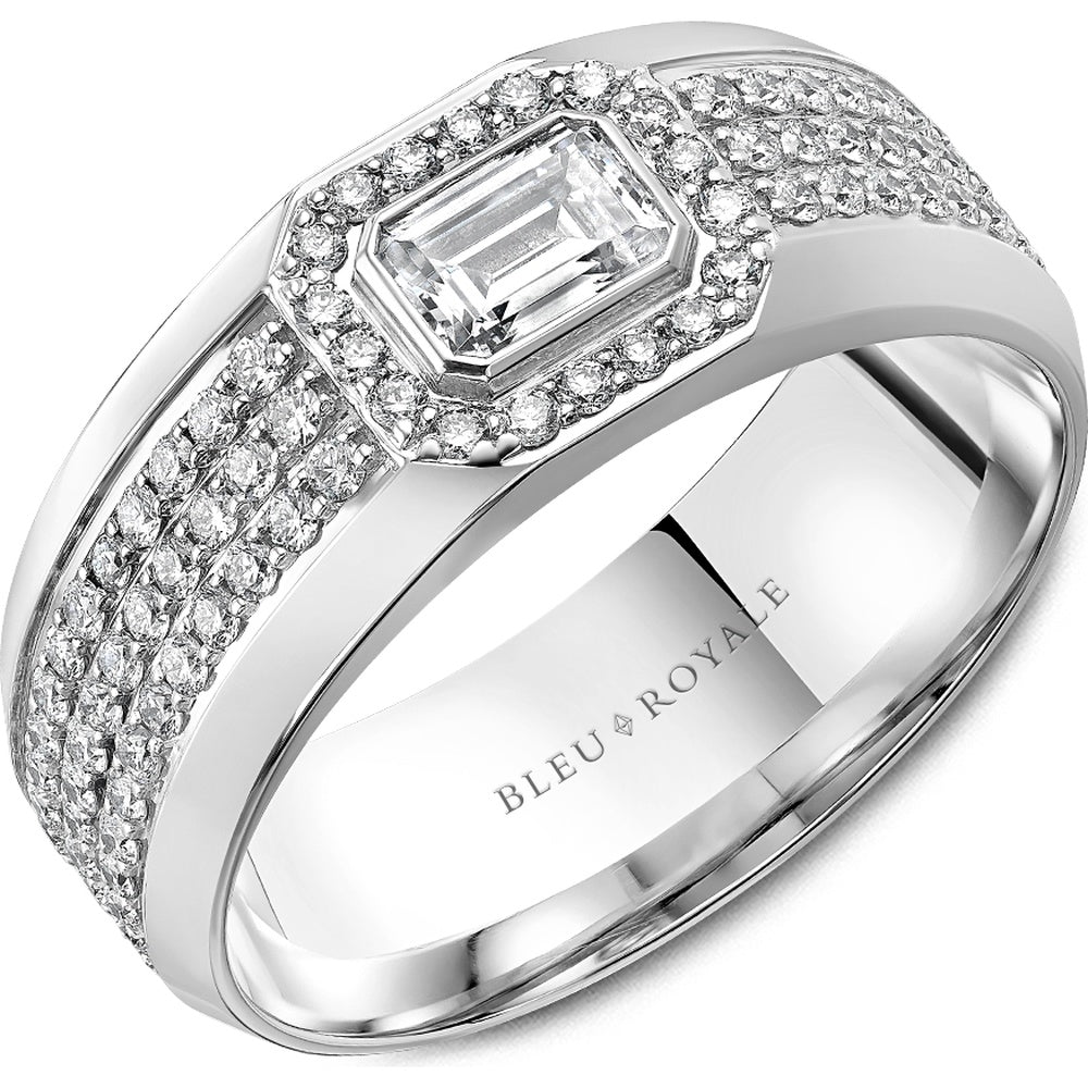 Bleu Royale Men's Wedding Band - 14K White Gold with Emerald Cut Center Diamond and Round Pavé Halo- 1.33 Carat Total Diamond Weight - 8mm Width from the Diamond Collection