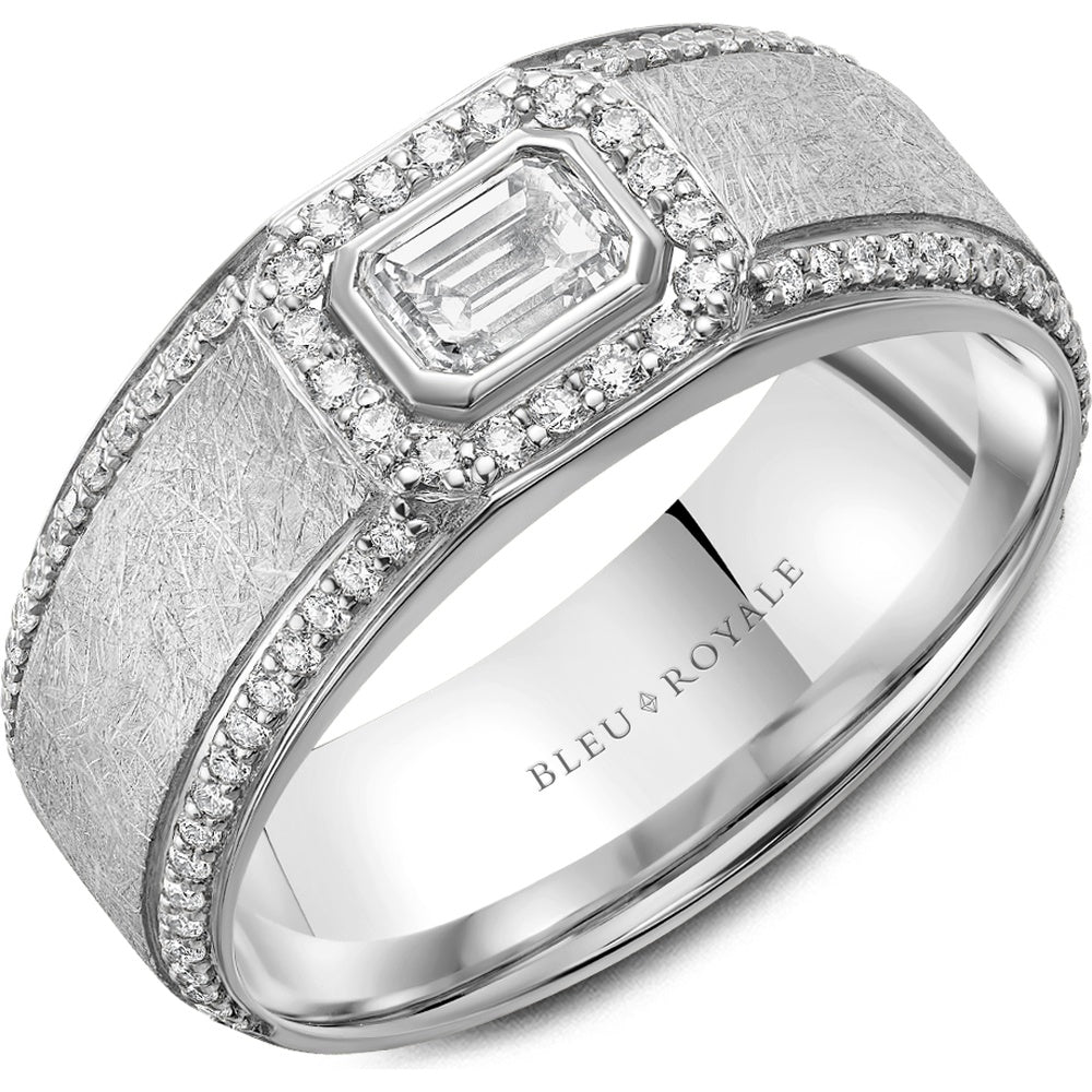 Bleu Royale Men's Wedding Band - 14K White Gold with Emerald Cut Center Diamond Halo and Round Diamond Accents- Center Stone Sold Separately - 8mm Width from the Diamond Collection