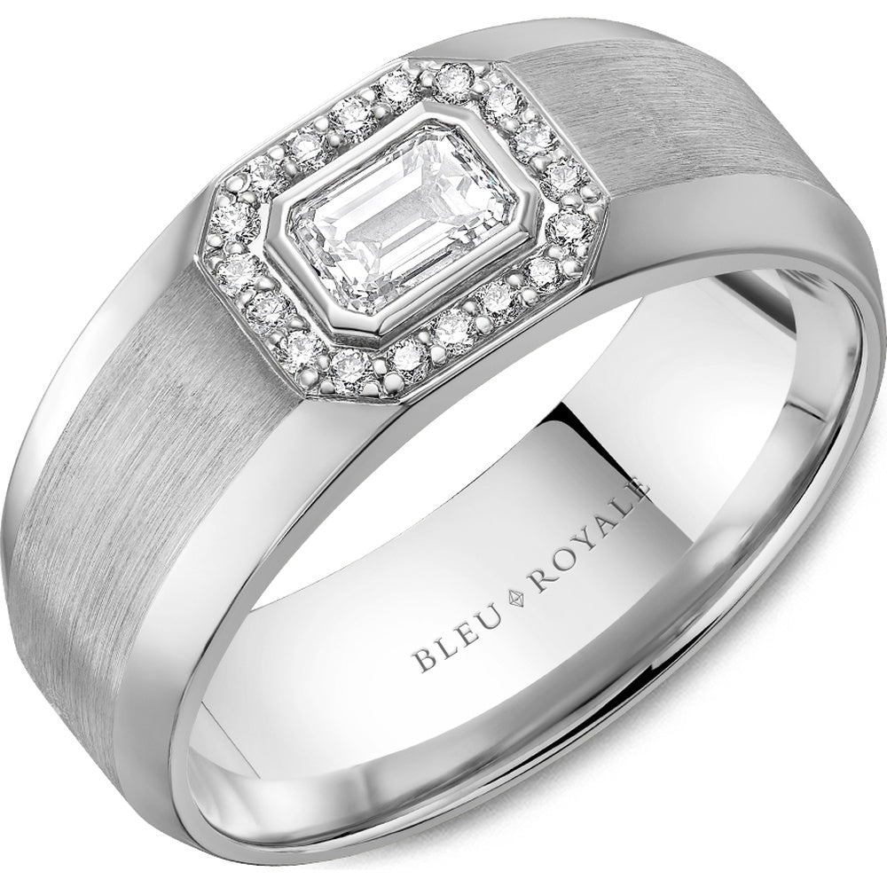 Bleu Royale Men's Wedding Band - 14K White Gold with Emerald Cut Center Diamond Sold Separately and Round Diamond Halo- 0.13 Carat Total Diamond Weight - 8mm Width from the Diamond Collection