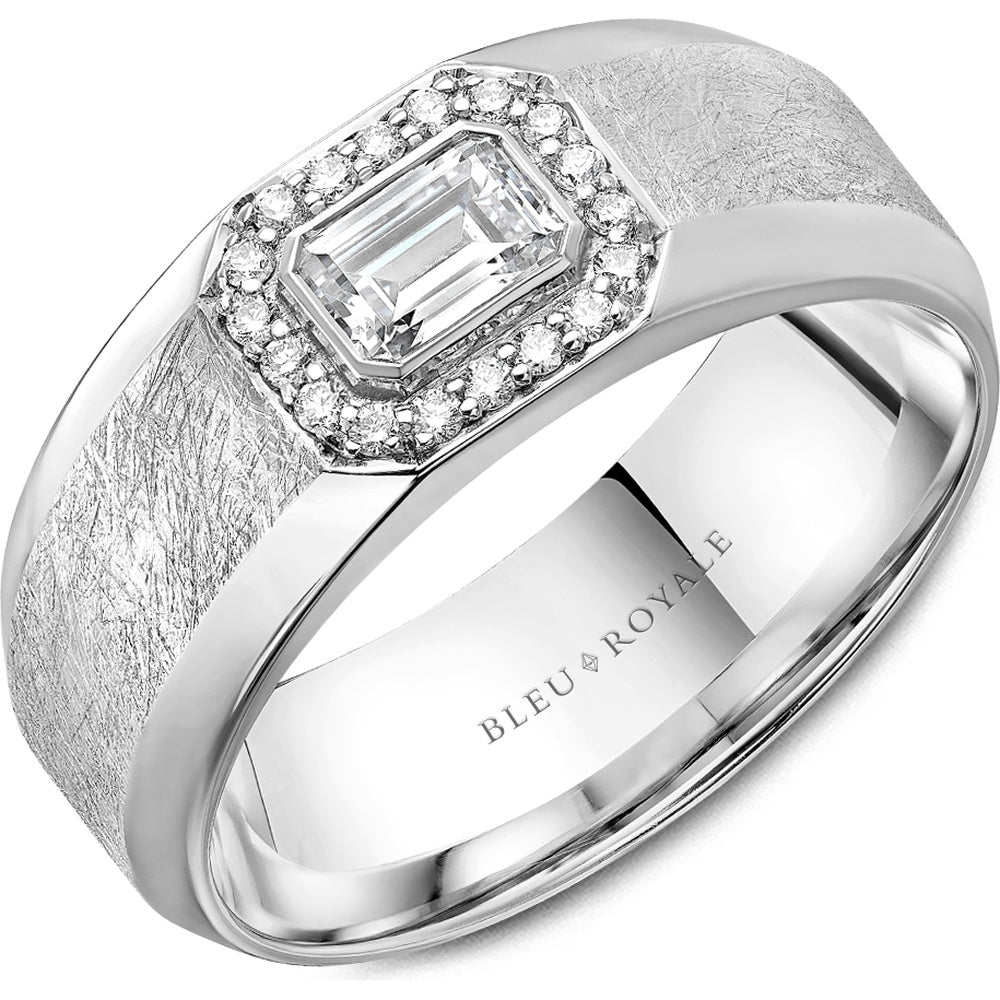 Bleu Royale Men's Wedding Band - 14K White Gold with Emerald Cut Diamond Center and Round Diamond Halo- 0.63 Carat Total Diamond Weight - 8mm Width from the Diamond Collection
