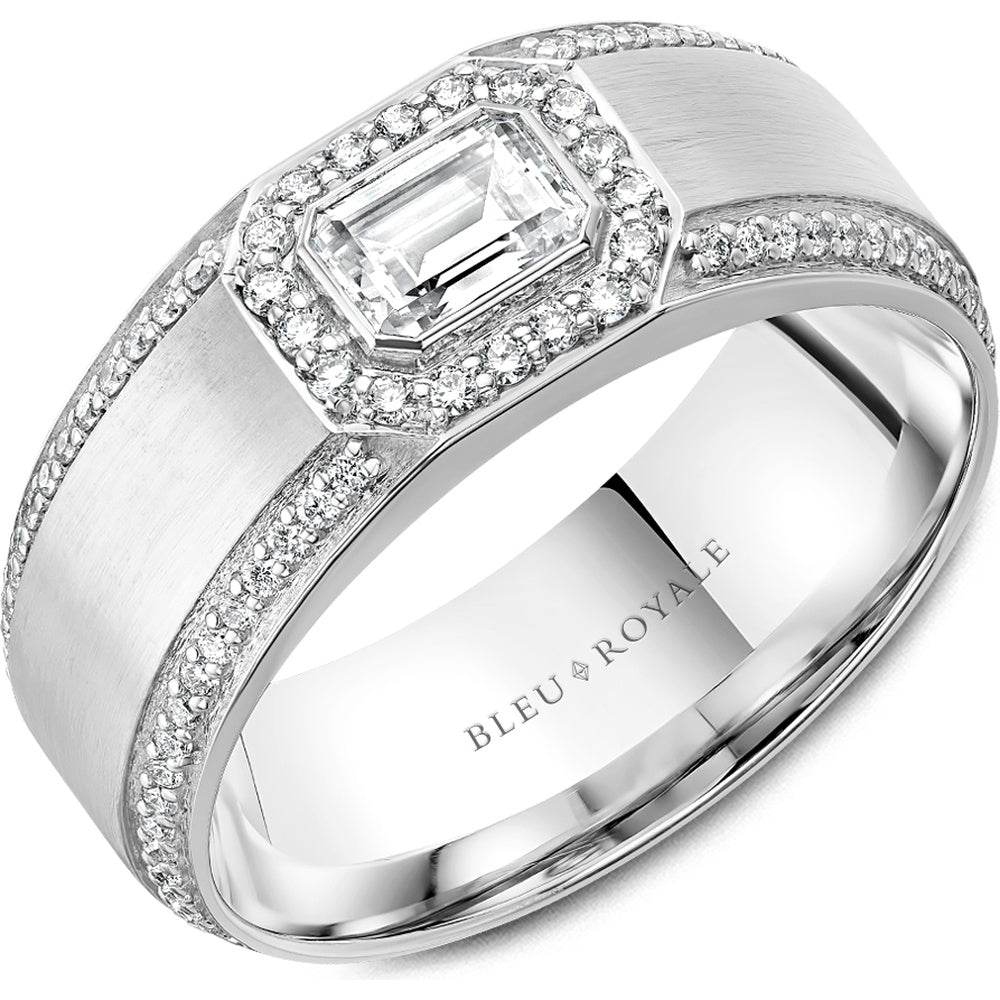 Bleu Royale Men's Wedding Band - 14K White Gold with Emerald Cut Diamond Center and Round Diamond Halo- 0.96 Carat Total Diamond Weight - 8mm Width from the Diamond Collection