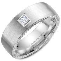 Bleu Royale Men's Wedding Band - 14K White Gold with Flush Set Princess Cut Diamond and Rope Edge- 0.15 Carat Total Diamond Weight - 8mm Width from the Diamond Collection