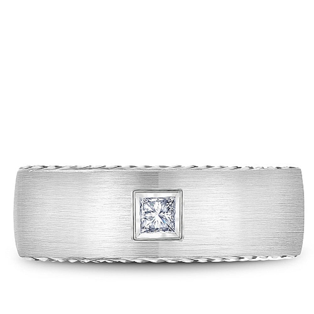 Bleu Royale Men's Wedding Band - 14K White Gold with Flush Set Princess Cut Diamond and Rope Edge- 0.15 Carat Total Diamond Weight - 8mm Width from the Diamond Collection