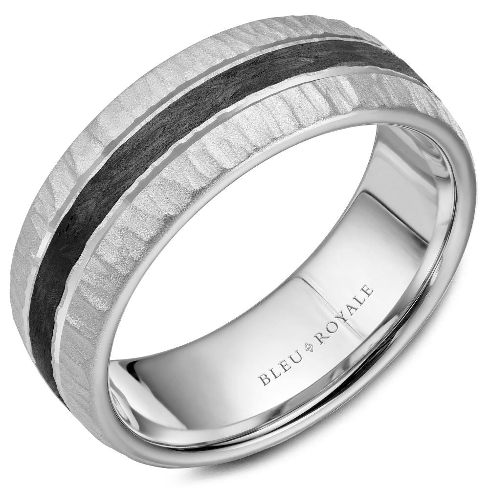 Bleu Royale Men's Wedding Band - 14K White Gold with Forged Carbon Fiber Center and Frosted Sides - 8mm Width from the Distinct Collection
