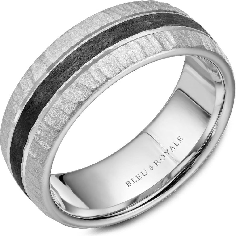 Bleu Royale Men's Wedding Band - 14K White Gold with Forged Carbon Fiber Center and Frosted Sides - 8mm Width from the Distinct Collection