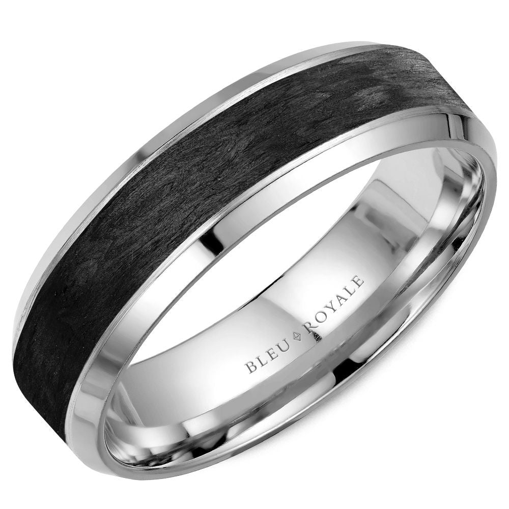 Bleu Royale Men's Wedding Band - 14K White Gold with Forged Carbon Fiber Inlay and High Polish Bevel - 6mm Width from the Distinct Collection