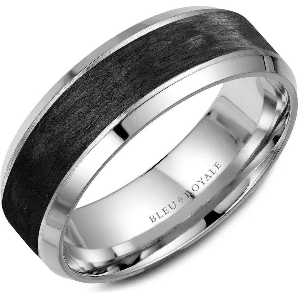 Bleu Royale Men's Wedding Band - 14K White Gold with Forged Carbon Fiber Inlay and High-Polish Beveled Edges - 7.5mm Width from the Distinct Collection