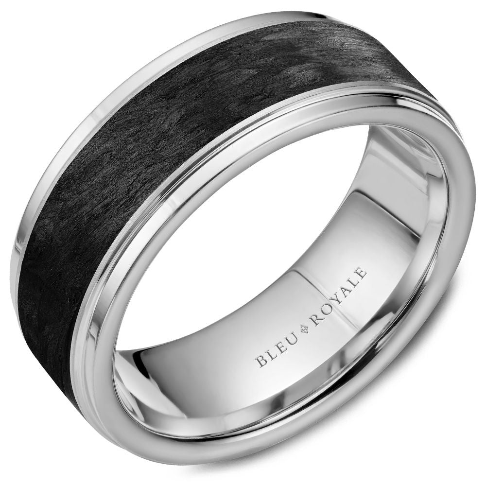 Bleu Royale Men's Wedding Band - 14K White Gold with Forged Carbon Fiber Inlay and High Polish Sides - 8.5mm Width from the Distinct Collection