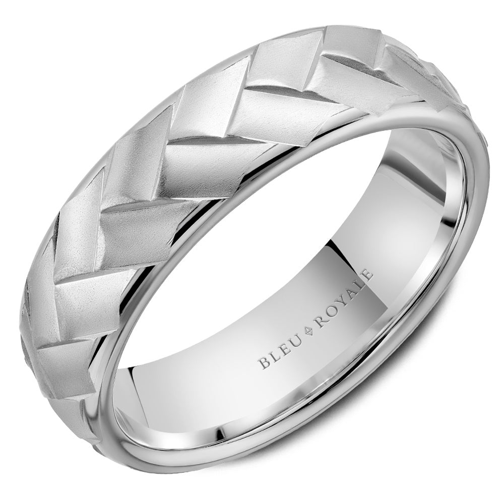Bleu Royale Men's Wedding Band - 14K White Gold with Frosted Center and High Polish Edges - 6.5mm Width from the Legacy Collection
