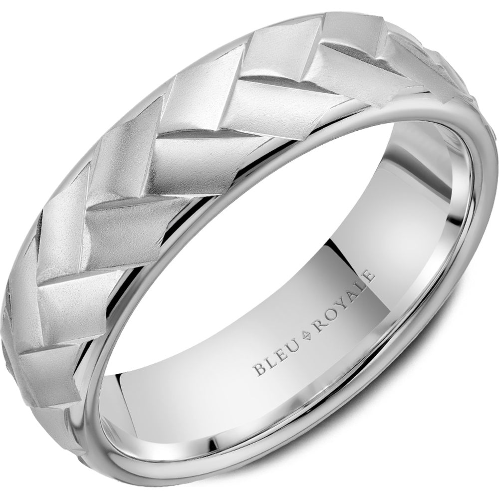 Bleu Royale Men's Wedding Band - 14K White Gold with Frosted Center and High Polish Edges - 6.5mm Width from the Legacy Collection