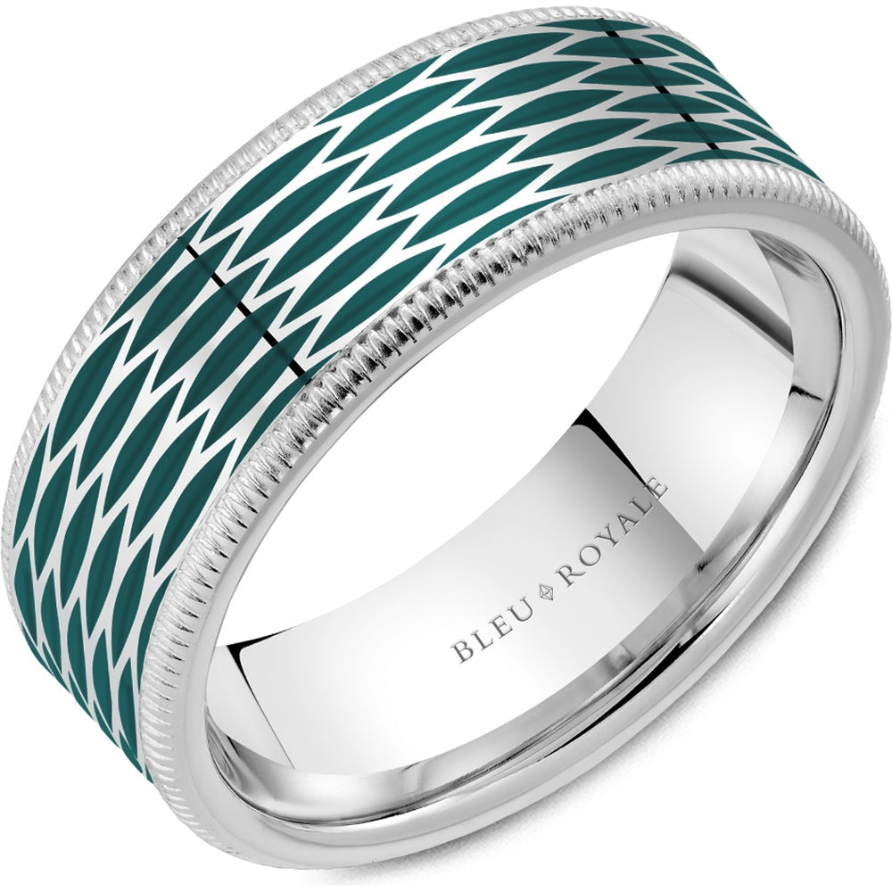 Bleu Royale Men's Wedding Band - 14K White Gold with Green Enamel Chevron Pattern and Milgrain Edges - 8mm Width from the Distinct Collection