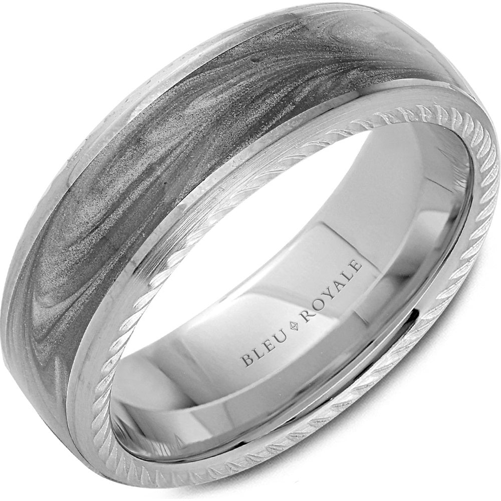 Bleu Royale Men's Wedding Band - 14K White Gold with H and-Painted Ash Grey Enamel Inlay and Frosted Rope Detail - 7.5mm Width from the Distinct Collection