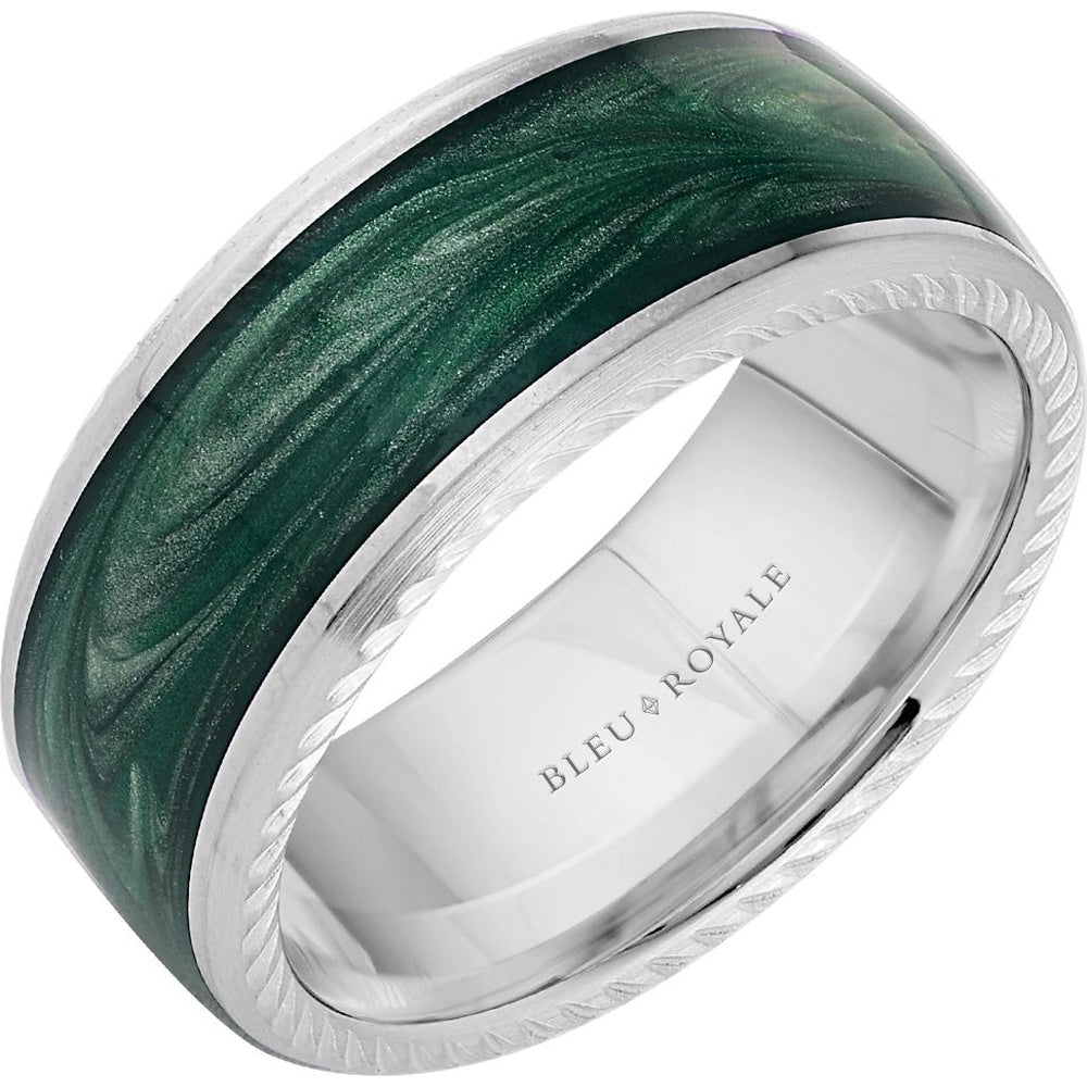 Bleu Royale Men's Wedding Band - 14K White Gold with H and-Painted Malachite Green Enamel Inlay and Frosted Rope Sides - 9.5mm Width from the Distinct Collection