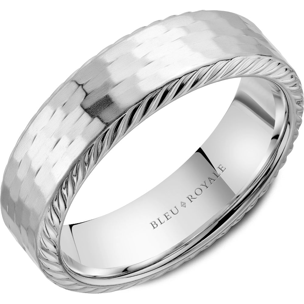 Bleu Royale Men's Wedding Band - 14K White Gold with Hammered Frosted Center and High Polish Edges - 6.5mm Width from the Legacy Collection