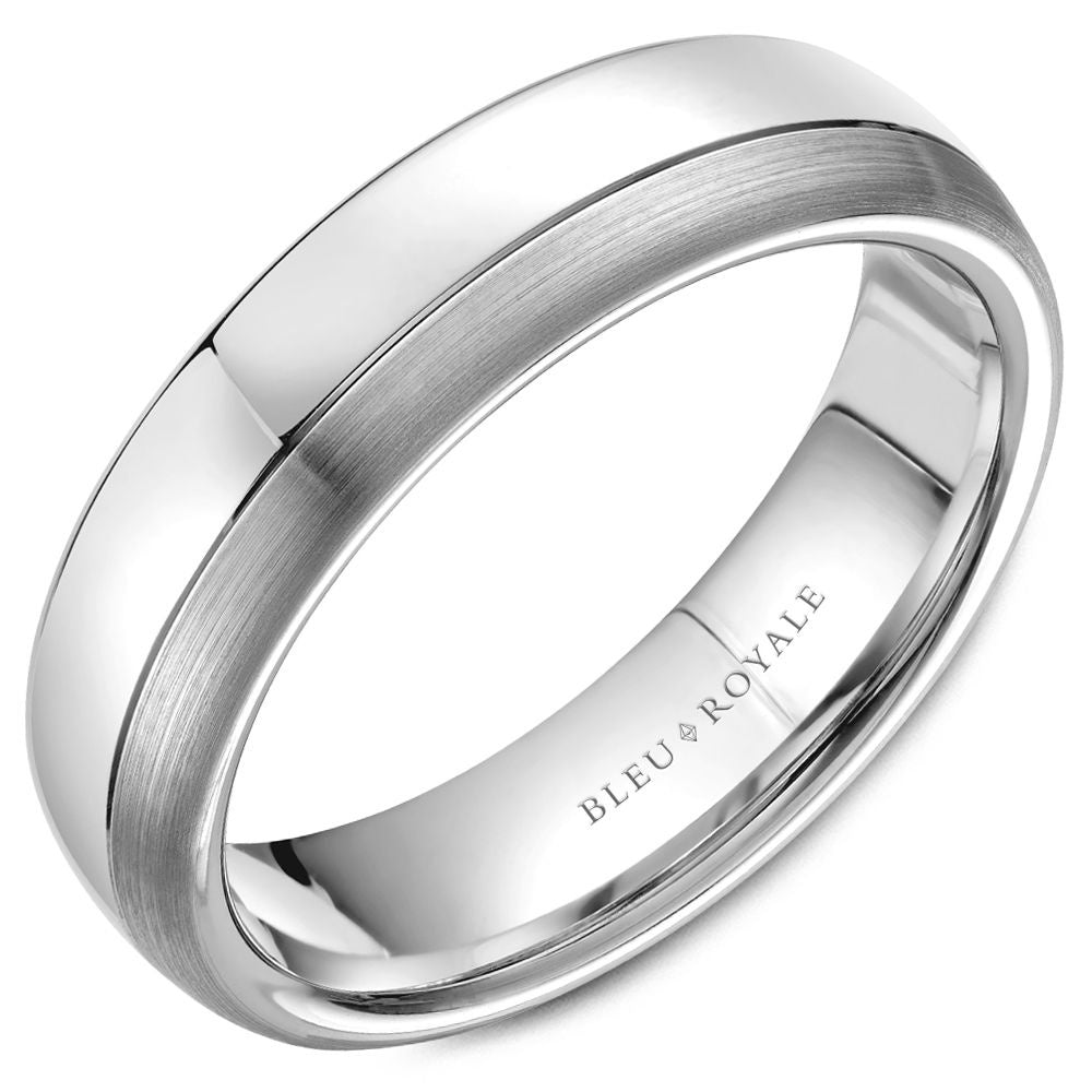Bleu Royale Men's Wedding Band - 14K White Gold with High Polish and Sandpaper Finish- Size 10 - 6mm Width from the Legacy Collection