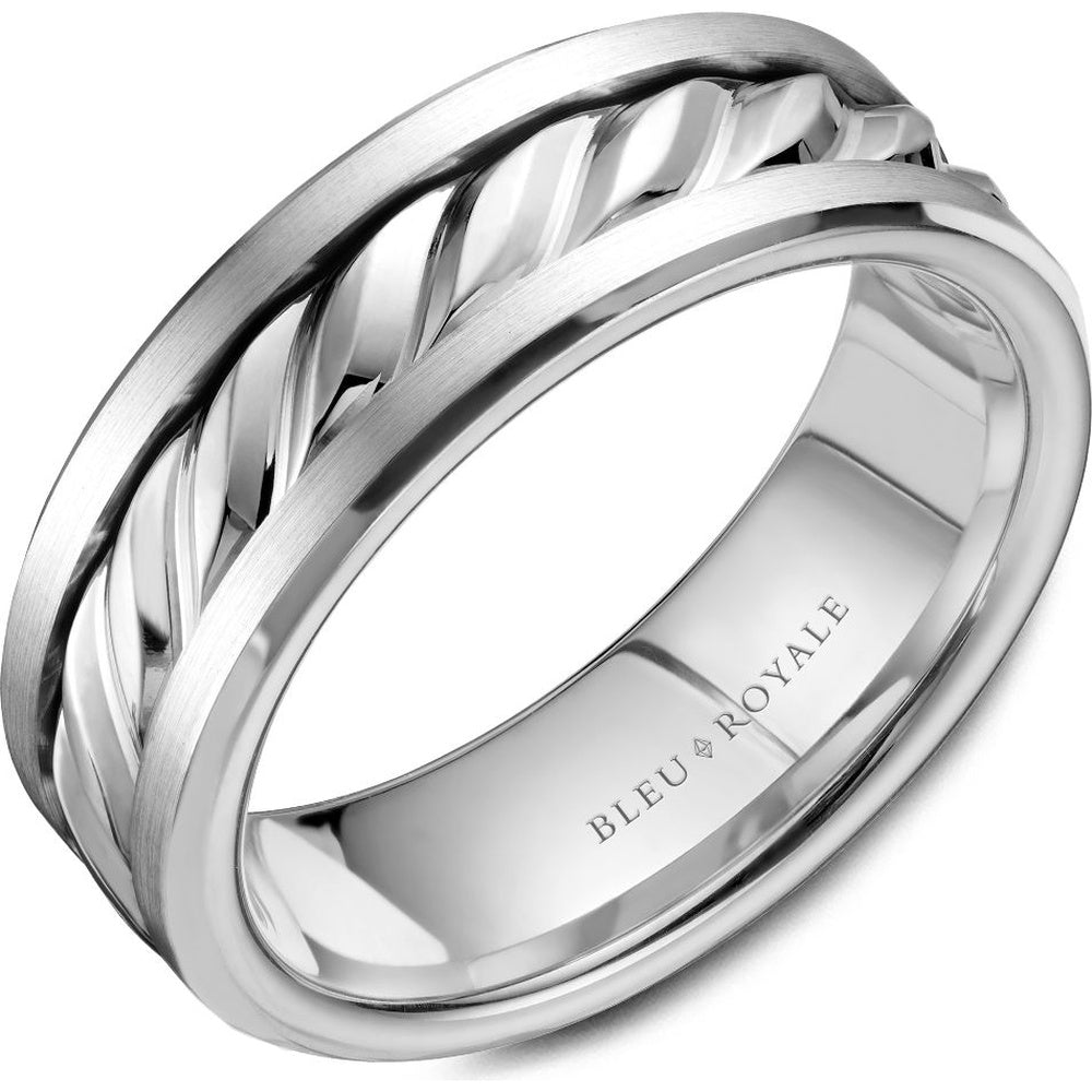Bleu Royale Men's Wedding Band - 14K White Gold with High Polish Bevel and Sandpaper Finish - 7.5mm Width from the Legacy Collection