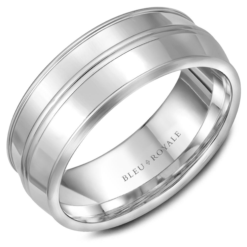 Bleu Royale Men's Wedding Band - 14K White Gold with High Polish Center and Sandpaper Sides - 8.5mm Width from the Legacy Collection