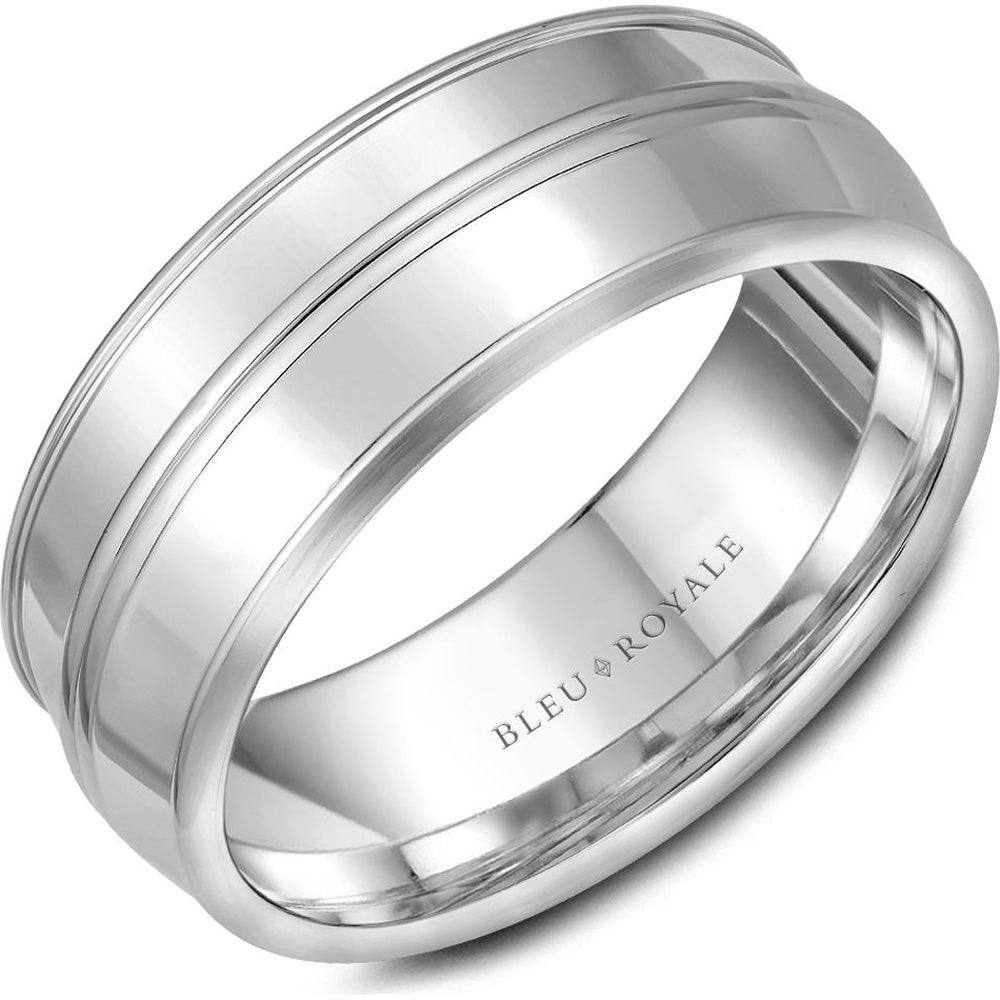 Bleu Royale Men's Wedding Band - 14K White Gold with High Polish Center and Sandpaper Sides - 8.5mm Width from the Legacy Collection