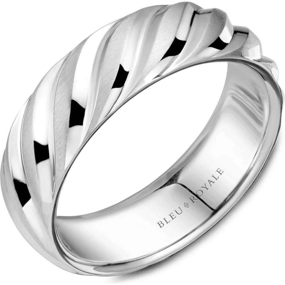 Bleu Royale Men's Wedding Band - 14K White Gold with High-Polish Diagonal Ridge Design- Size 10 - 7mm Width from the Legacy Collection