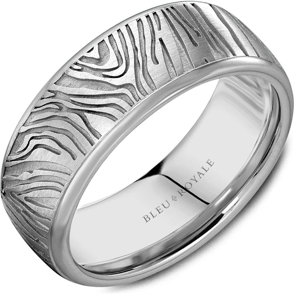 Bleu Royale Men's Wedding Band - 14K White Gold with Laser Engraved Bark Texture and High Polish Edges- Size 10 - 8mm Width from the Distinct Collection