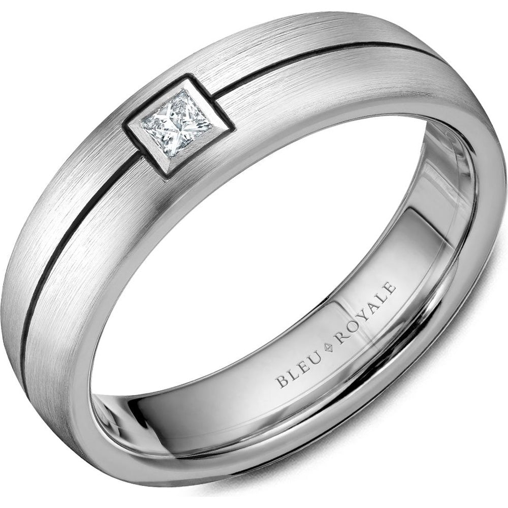 Bleu Royale Men's Wedding Band - 14K White Gold with Princess Cut Diamond and Black Enamel Accent- 0.1 Carat Total Diamond Weight - 5.5mm Width from the Diamond Collection