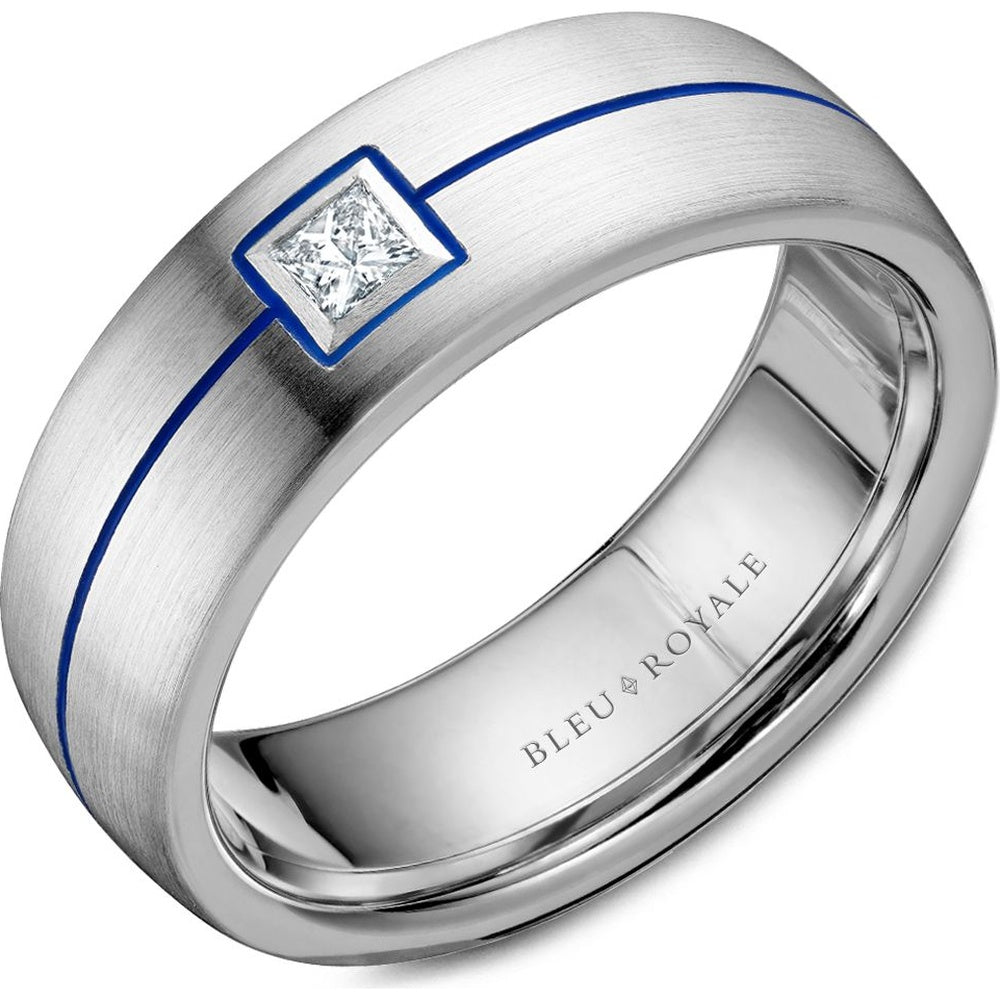 Bleu Royale Men's Wedding Band - 14K White Gold with Princess Cut Diamond and Blue Enamel Accent- 0.15 Carat Total Diamond Weight - 7.5mm Width from the Diamond Collection