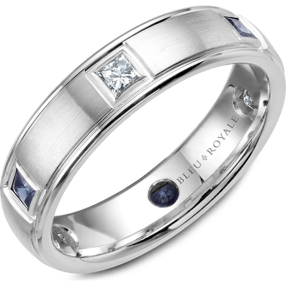 Bleu Royale Men's Wedding Band - 14K White Gold with Princess Cut Diamonds and Blue Sapphires- 0.66 Carat Total Gem Weight - 5.5mm Width from the Diamond Collection