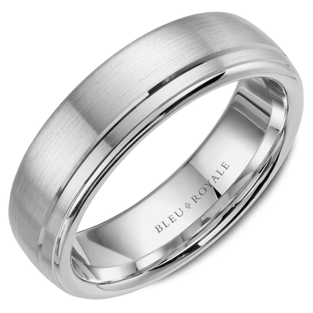 Bleu Royale Men's Wedding Band - 14K White Gold with Sandpaper Center and High Polish Edges - 6.5mm Width from the Legacy Collection