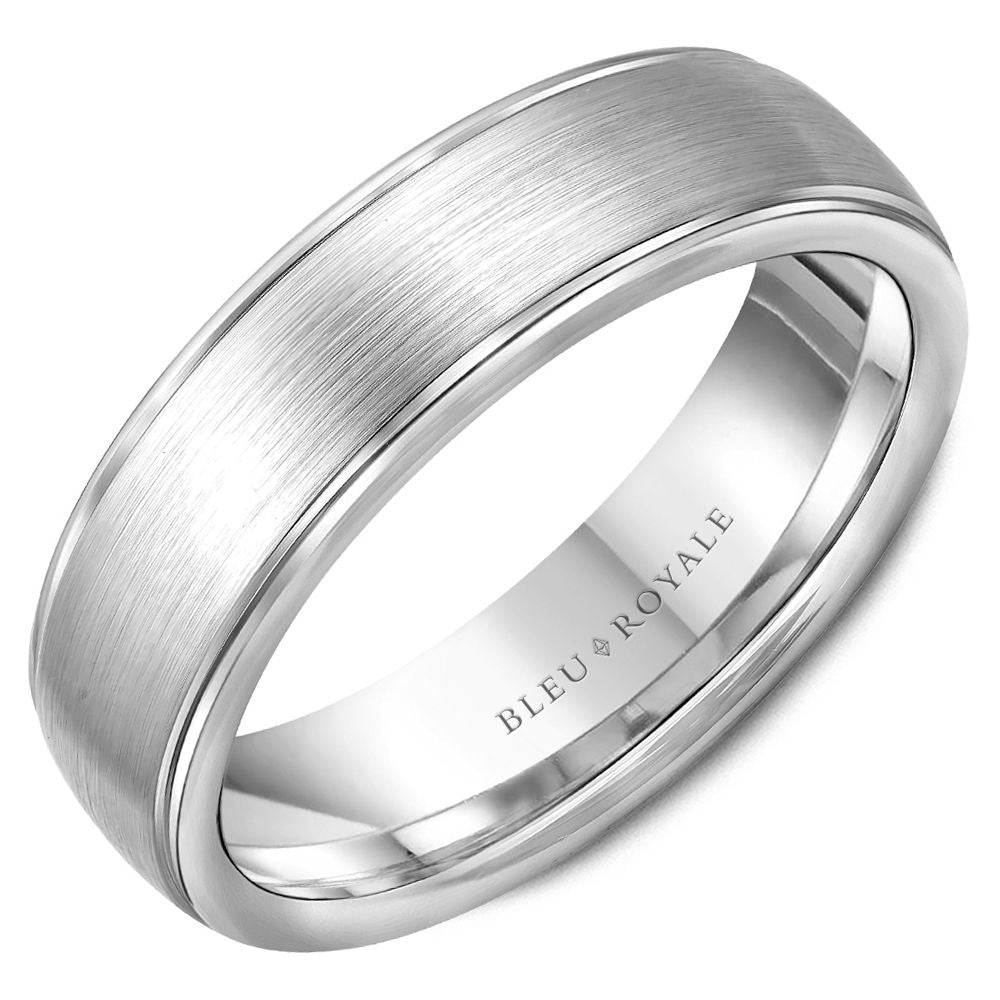 Bleu Royale Men's Wedding Band - 14K White Gold with Sandpaper Center and High Polish Edges - 6.5mm Width from the Legacy Collection