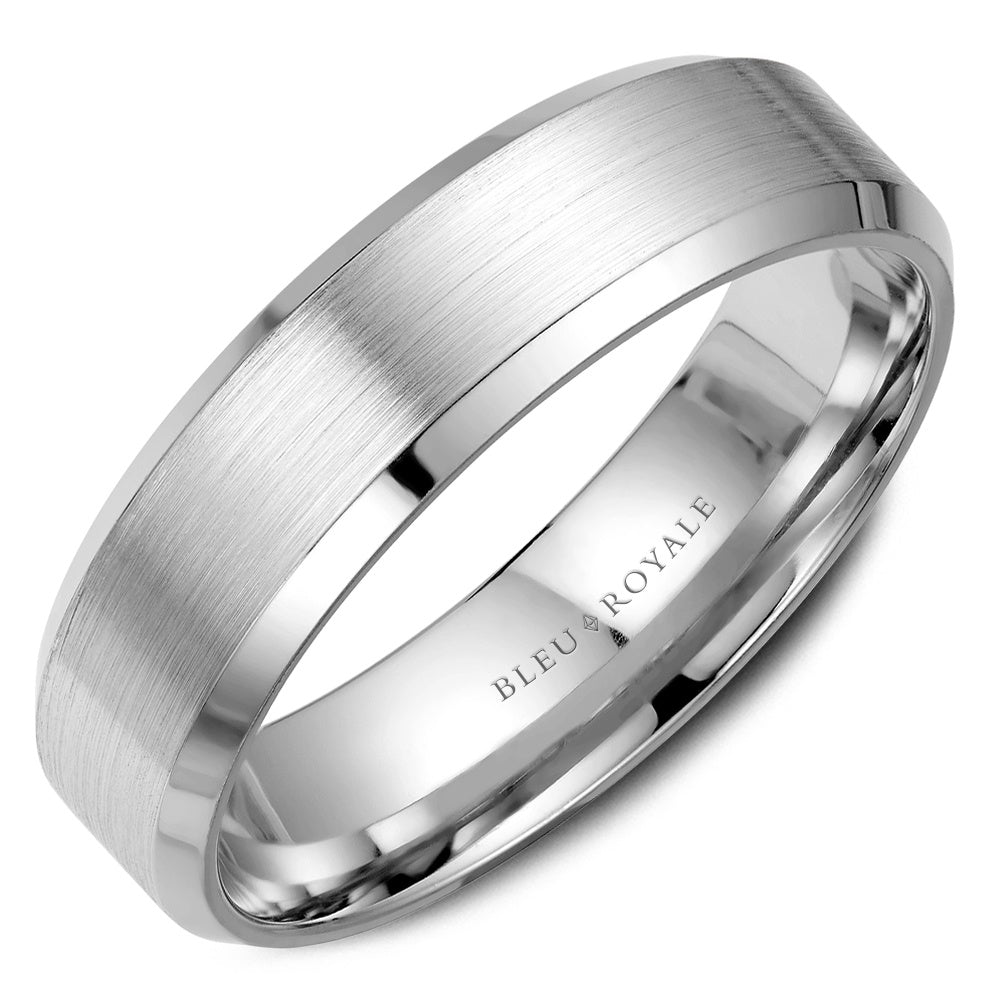 Bleu Royale Men's Wedding Band - 14K White Gold with Sandpaper Center and High Polish Edges - 6.5mm Width from the Legacy Collection