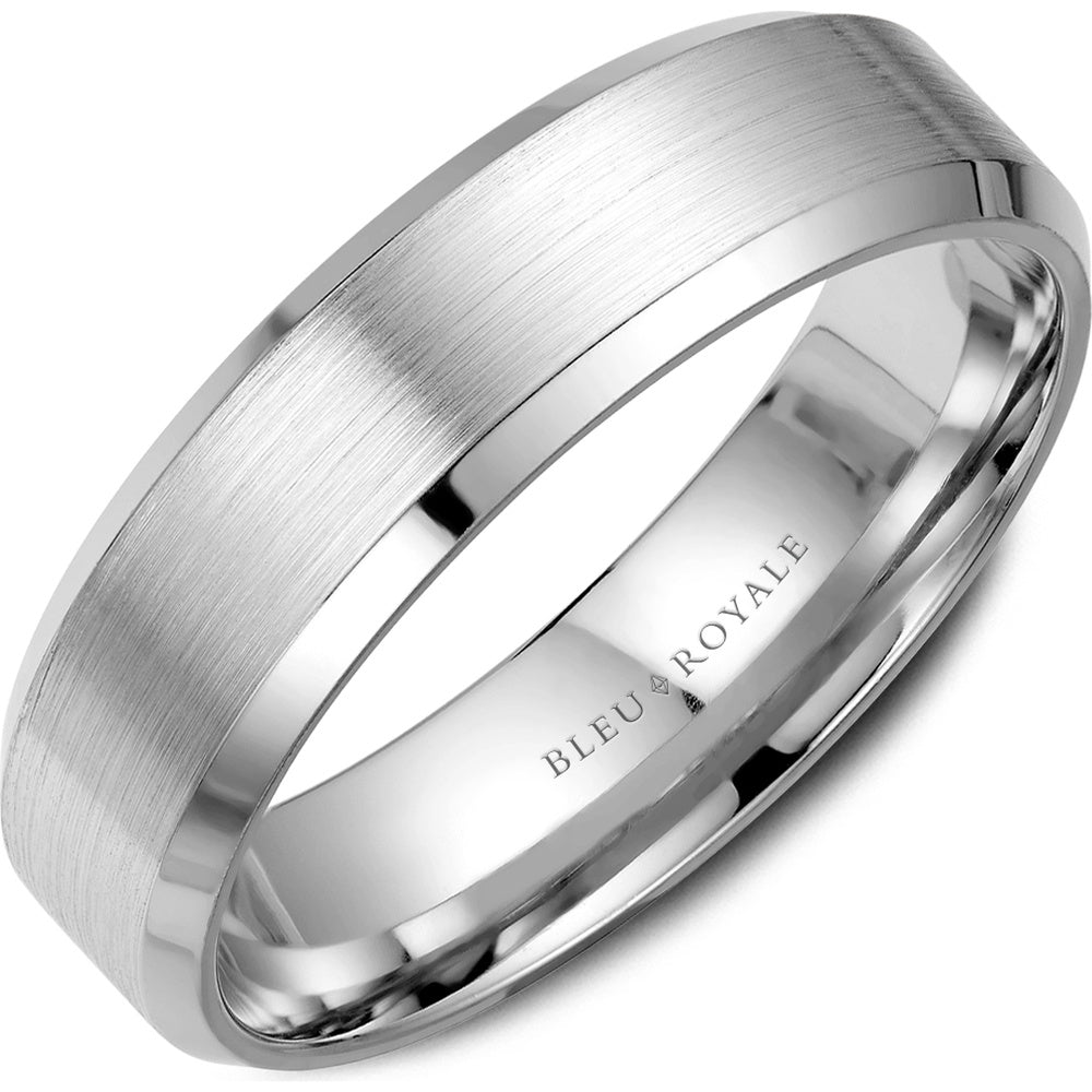 Bleu Royale Men's Wedding Band - 14K White Gold with Sandpaper Center and High Polish Edges - 6.5mm Width from the Legacy Collection