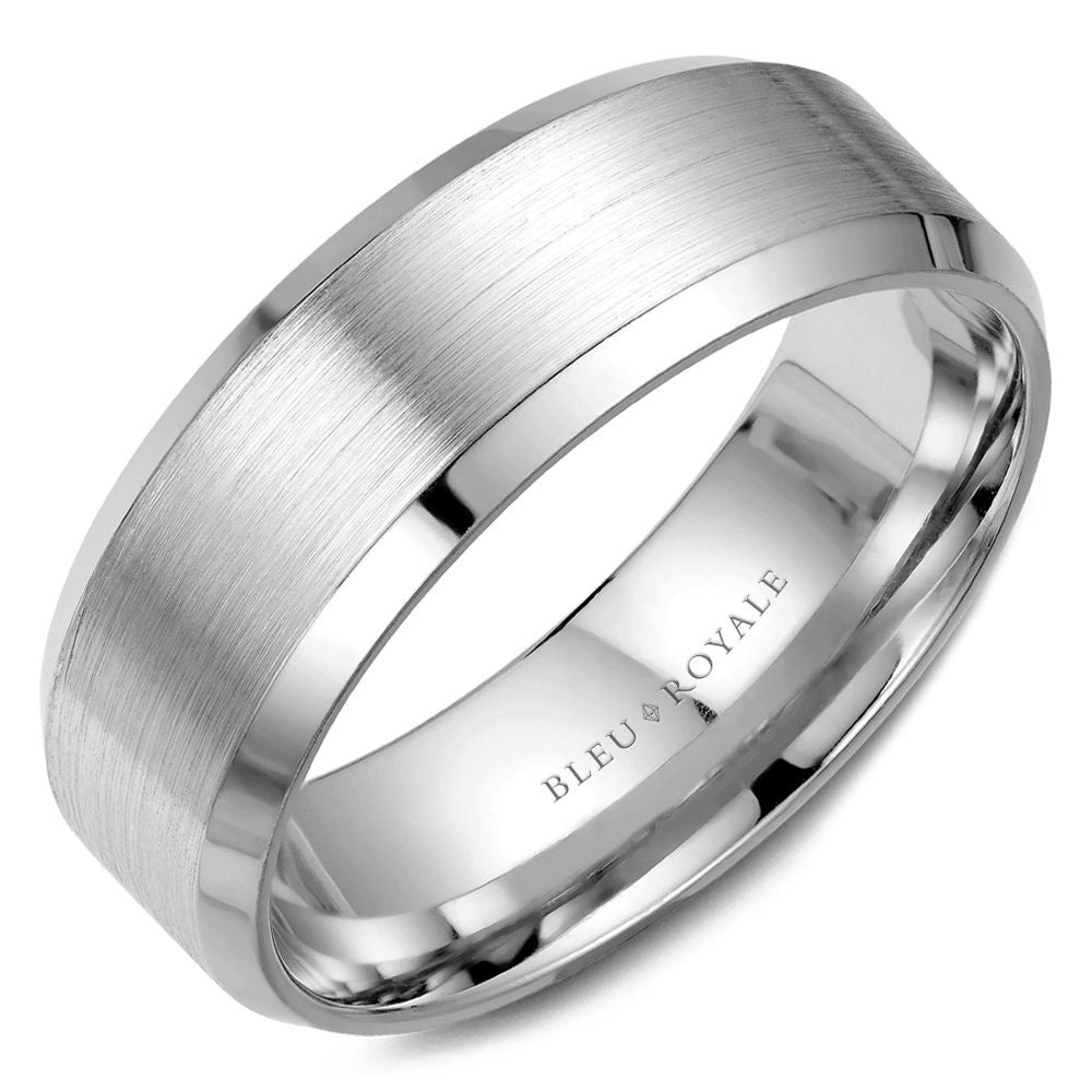 Bleu Royale Men's Wedding Band - 14K White Gold with Sandpaper Center and High Polish Edges - 7.5mm Width from the Legacy Collection