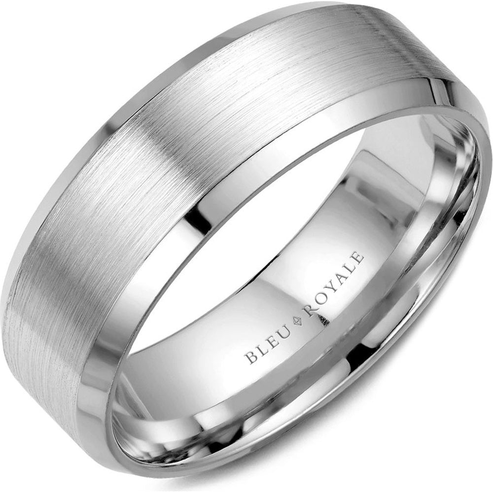 Bleu Royale Men's Wedding Band - 14K White Gold with Sandpaper Center and High Polish Edges - 7.5mm Width from the Legacy Collection