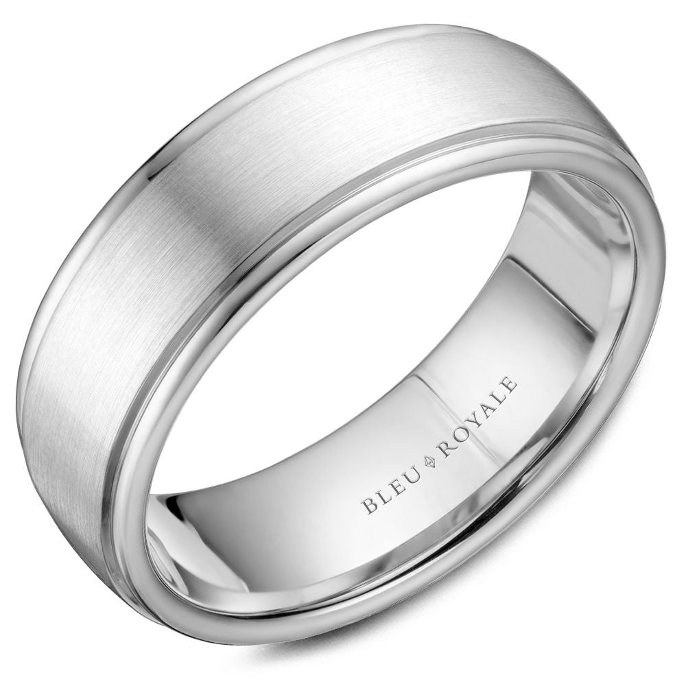 Bleu Royale Men's Wedding Band - 14K White Gold with Sandpaper Center and High Polish Edges - 7.5mm Width from the Legacy Collection