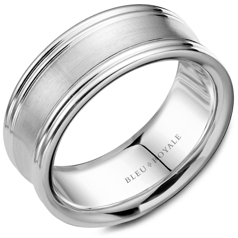 Bleu Royale Men's Wedding Band - 14K White Gold with Sandpaper Center and High Polish Edges - 8mm Width from the Legacy Collection