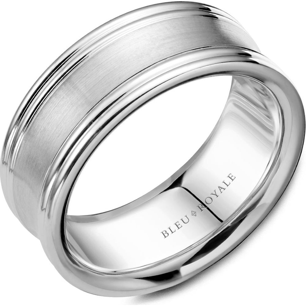 Bleu Royale Men's Wedding Band - 14K White Gold with Sandpaper Center and High Polish Edges - 8mm Width from the Legacy Collection