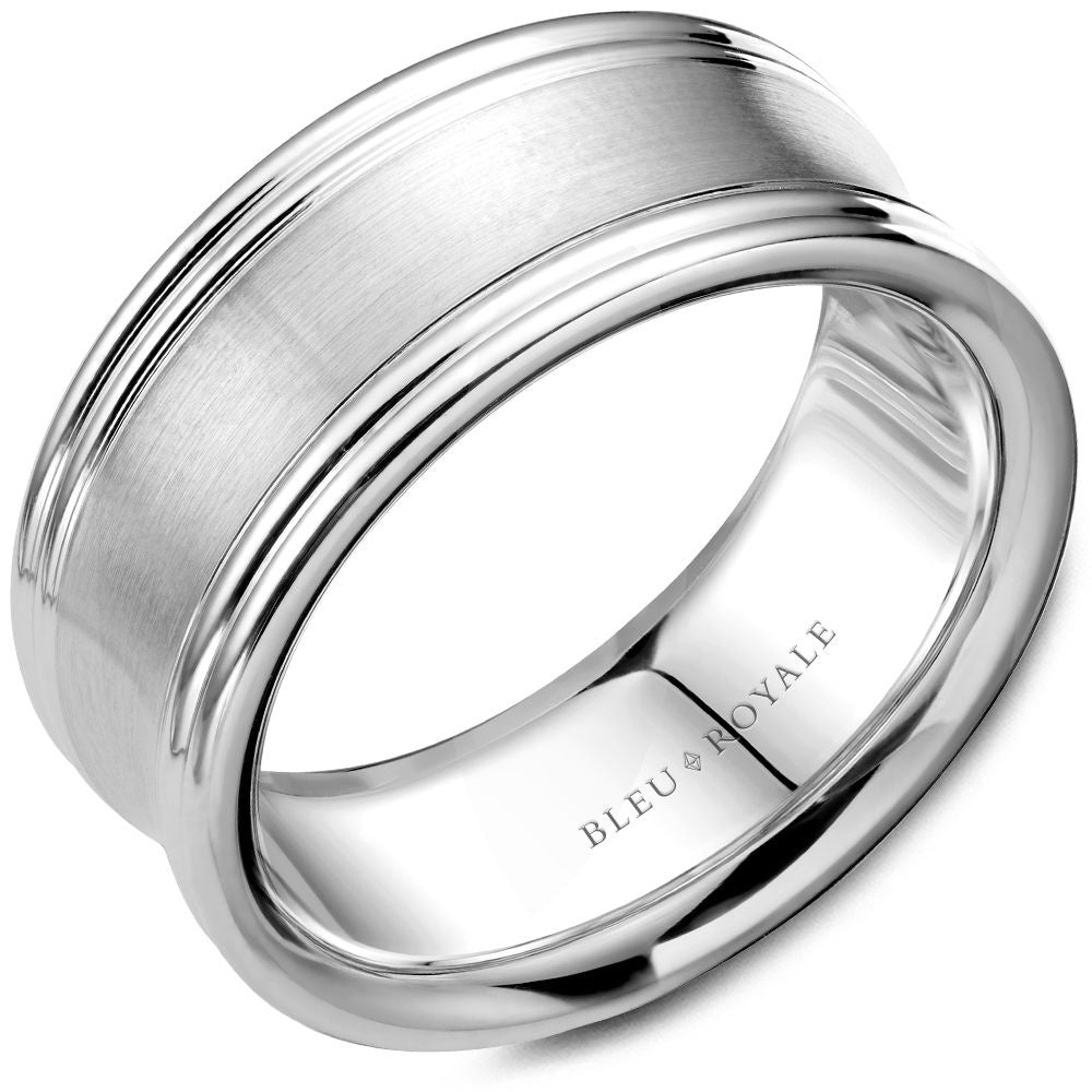 Bleu Royale Men's Wedding Band - 14K White Gold with Sandpaper Center and High Polish Edges - 9.5mm Width from the Legacy Collection