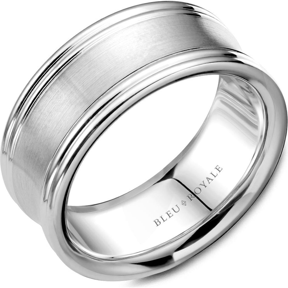 Bleu Royale Men's Wedding Band - 14K White Gold with Sandpaper Center and High Polish Edges - 9.5mm Width from the Legacy Collection