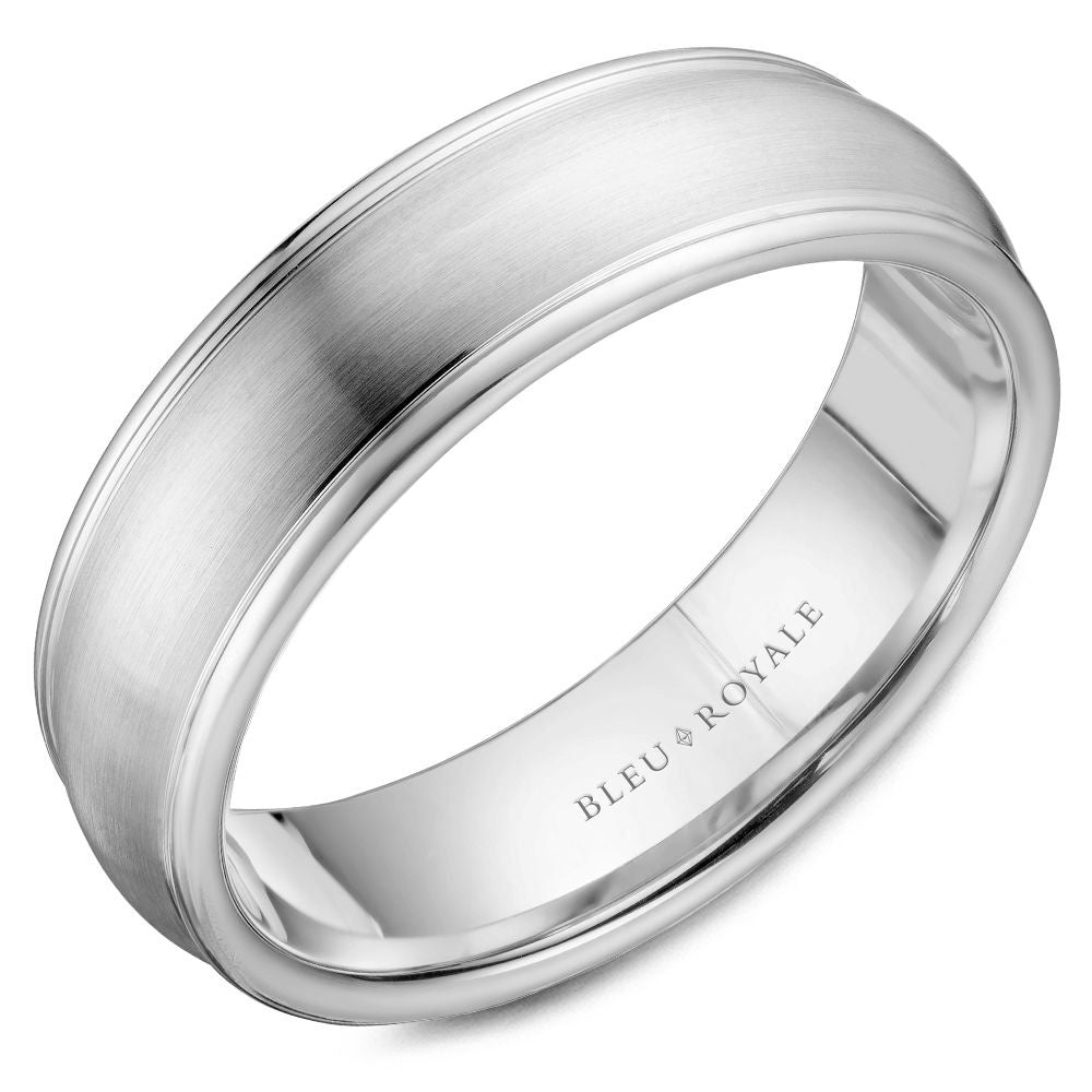 Bleu Royale Men's Wedding Band - 14K White Gold with Sandpaper Center and High Polish Edges- Available in Multiple Metals and Sizes - 6.5mm Width from the Legacy Collection