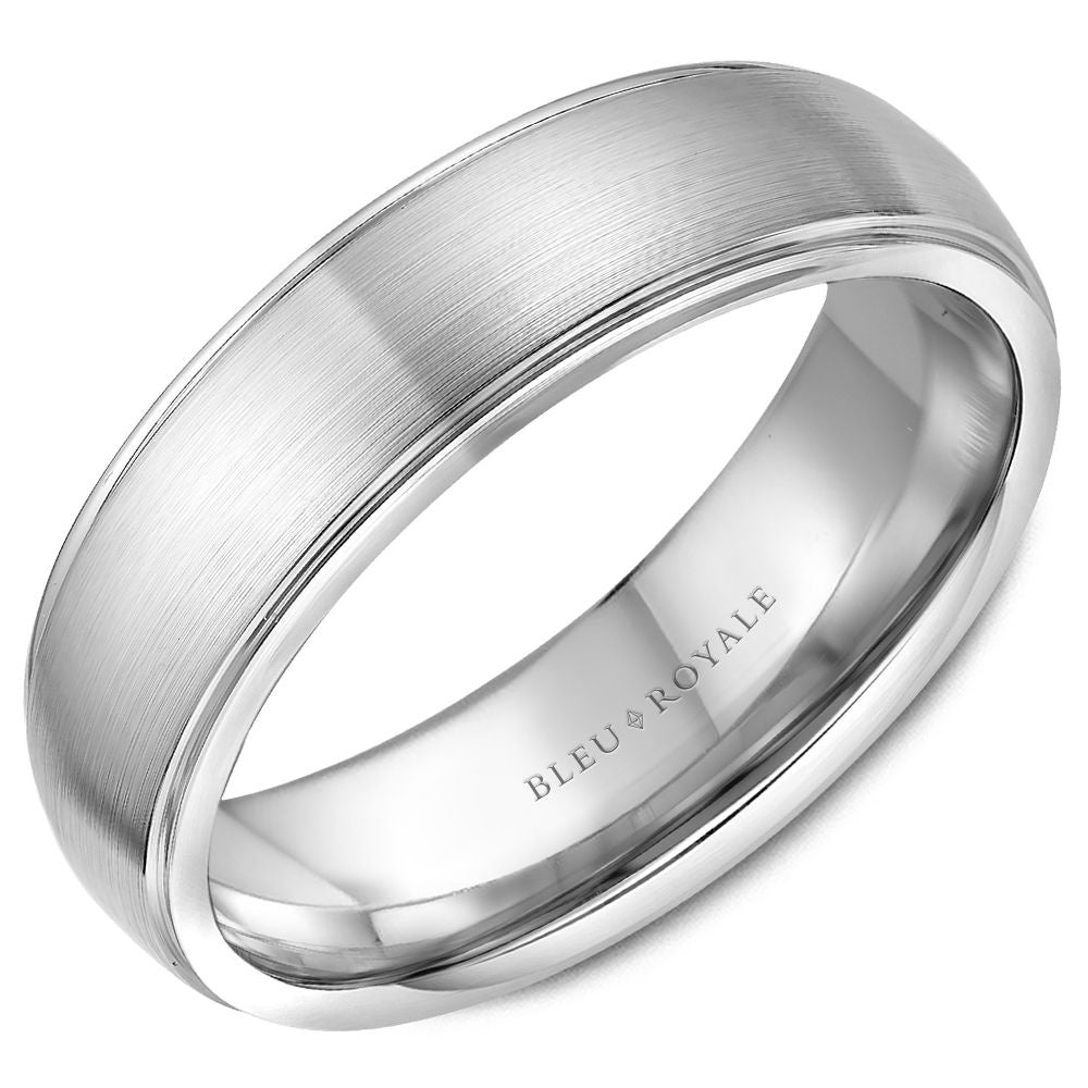 Bleu Royale Men's Wedding Band - 14K White Gold with Sandpaper Center and High Polish Edges- Available in Multiple Metals and Sizes - 6mm Width from the Legacy Collection