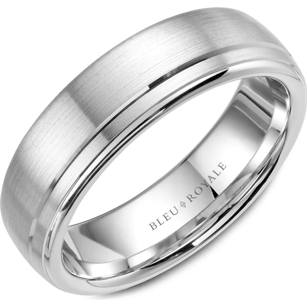 Bleu Royale Men's Wedding Band - 14K White Gold with Sandpaper Center and High Polish Edges- Available in Sizes 3-16 - 6.5mm Width from the Legacy Collection