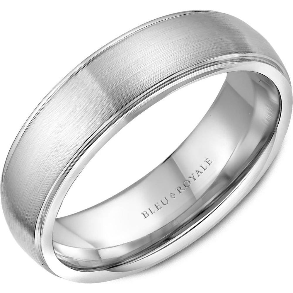 Bleu Royale Men's Wedding Band - 14K White Gold with Sandpaper Center and High Polish Edges- Size 10 - 6mm Width from the Legacy Collection