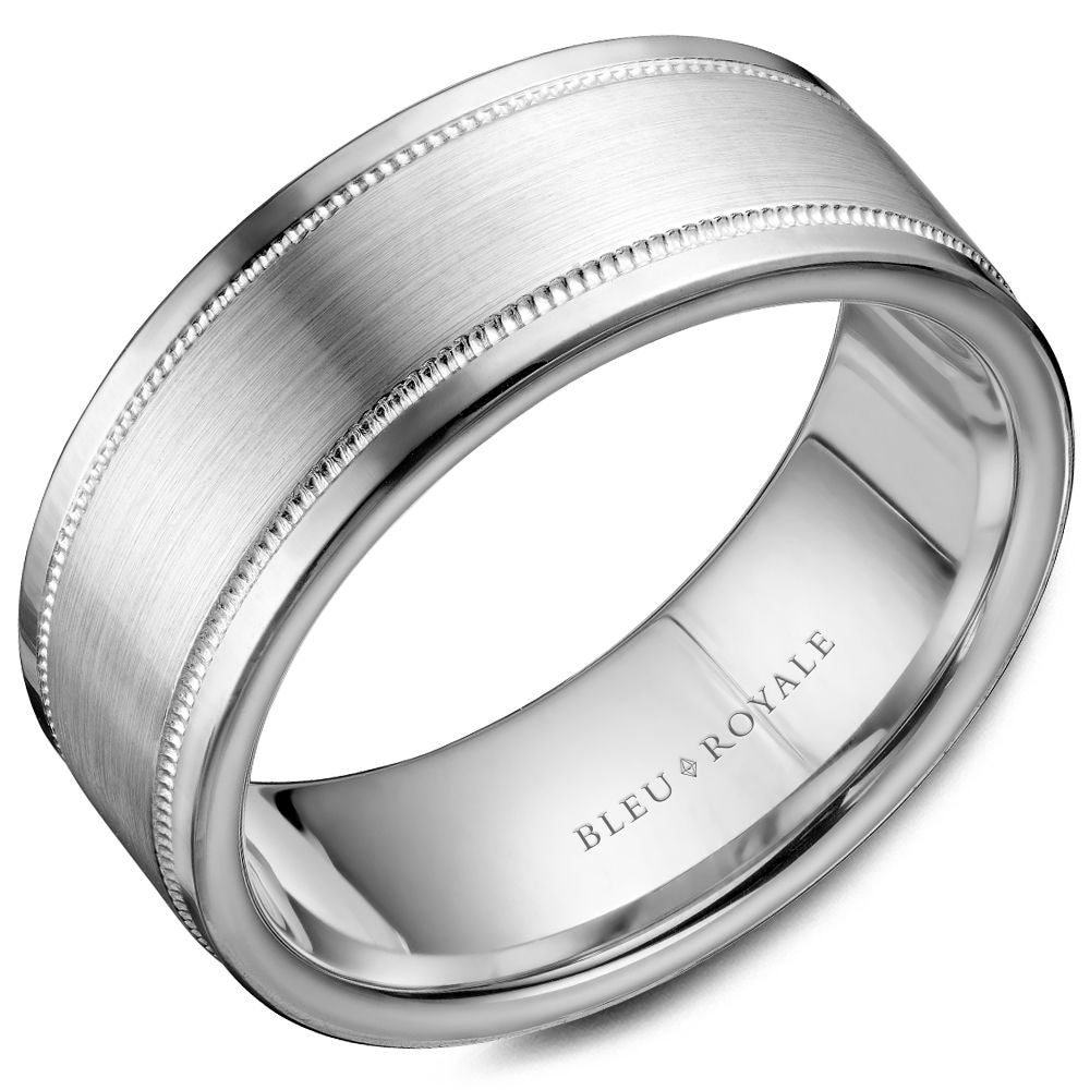 Bleu Royale Men's Wedding Band - 14K White Gold with Sandpaper Center and High Polish Milgrain Edges - 8.5mm Width from the Legacy Collection