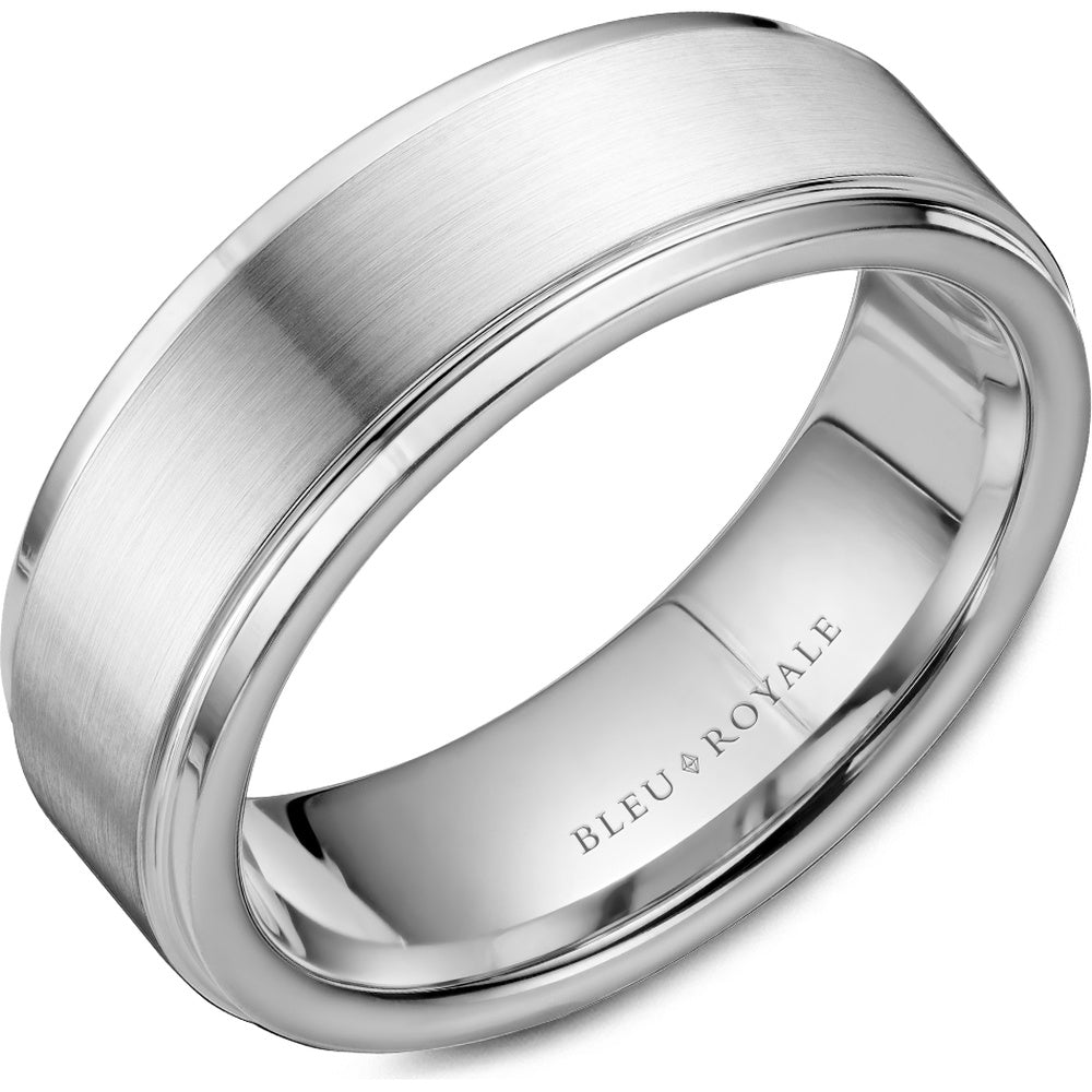 Bleu Royale Men's Wedding Band - 14K White Gold with Sandpaper Center and High Polish Sides - 7.5mm Width from the Legacy Collection
