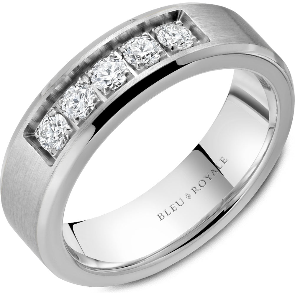 Bleu Royale Men's Wedding Band - 14K White Gold with Sandpaper Center, High Polish Edges, and Channel-Set Round Diamonds - 0.50 Carat Total Diamond Weight - 6.5mm Width from the Diamond Collection