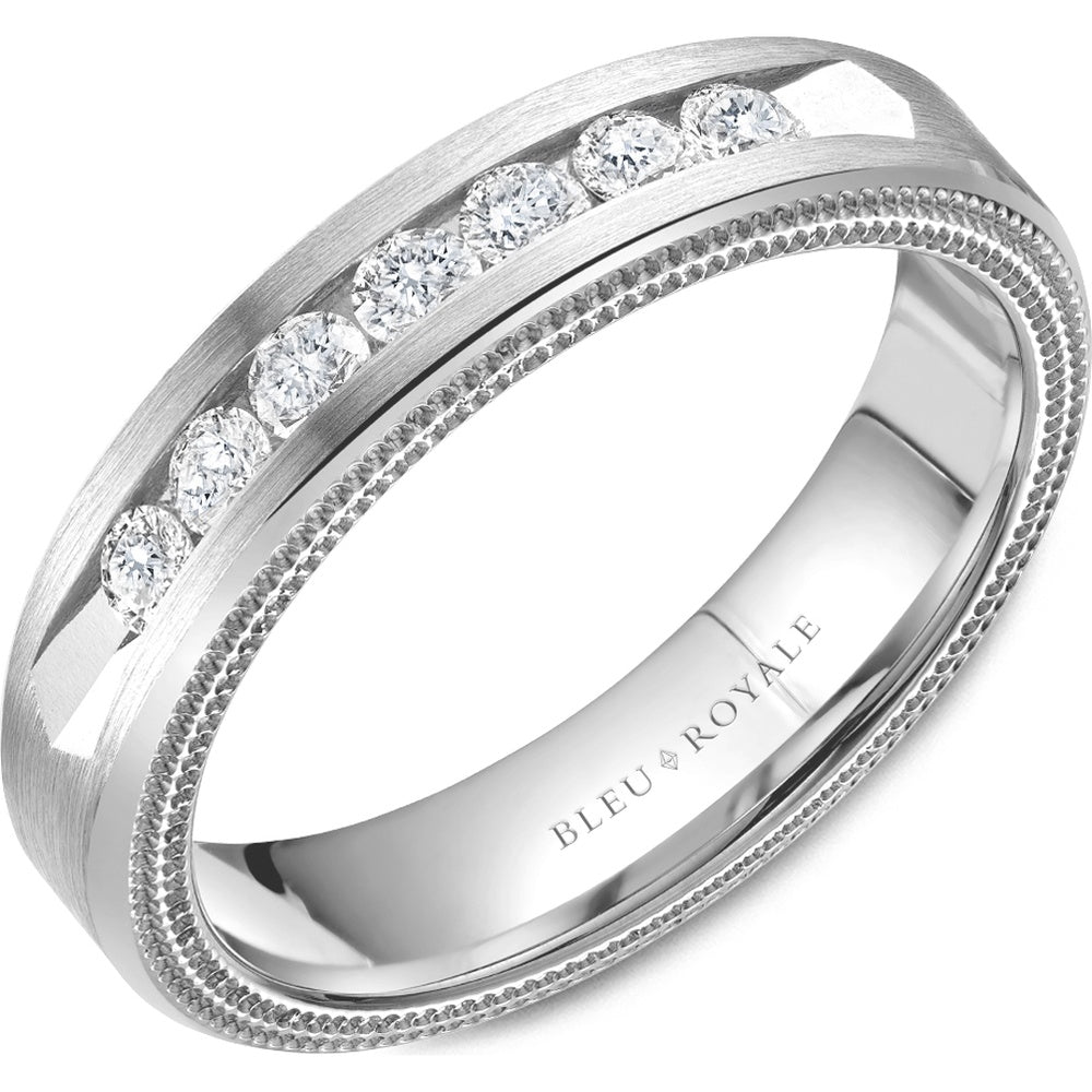 Bleu Royale Men's Wedding Band - 14K White Gold with Sandpaper Finish and Channel Set Round Diamonds - 0.5 Carat Total Diamond Weight - 5.5mm Width from the Diamond Collection