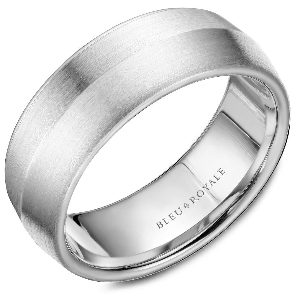 Bleu Royale Men's Wedding Band - 14K White Gold with Sandpaper Finish and High Polish Edges- Size 10 - 8mm Width from the Legacy Collection